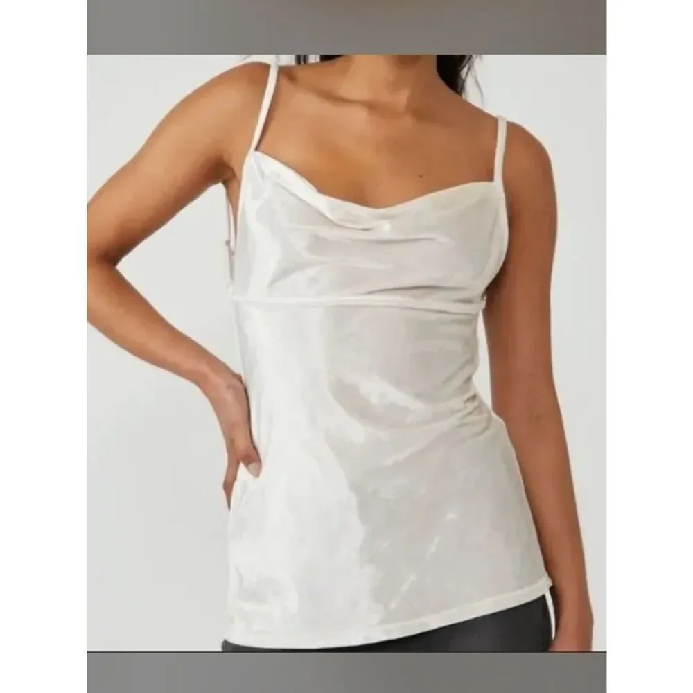 Free People All Night Velvet Top spaghetti strap Tunic cami champagne white $68